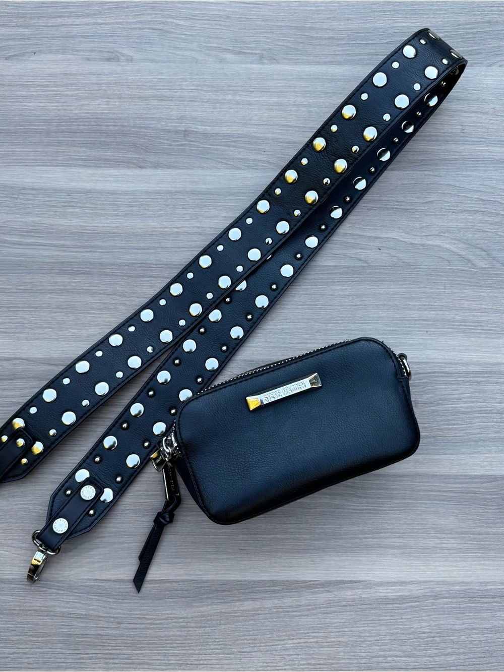 Steve Madden Black Leather Crossbody Camera Style Bag with Studded Strap